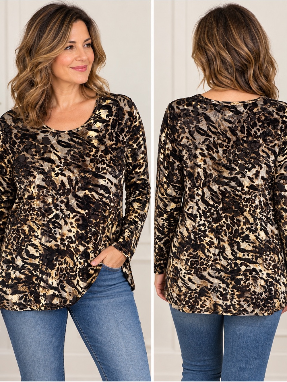 Vintage Tan Jay Animal Print Long Sleeve Top in Black, Brown, & Gold Size Large.